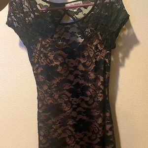 Gold and black, floral lace cocktail dress